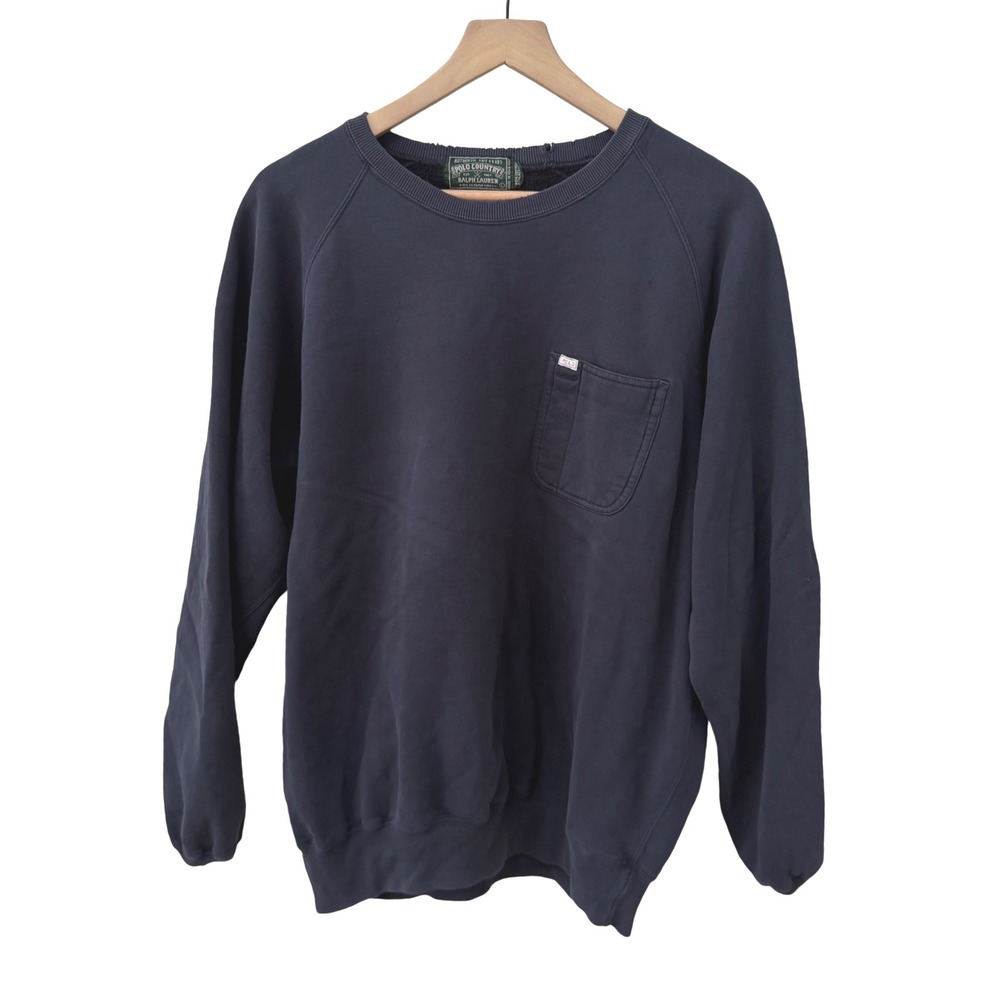 Polo Country Ralph Lauren Sweatshirt L Navy Vintage Distressed Pocket Raglan‎